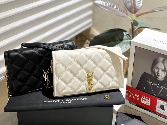 原版皮 折叠礼盒 全套证书 Ysl 圣罗兰新款 Becky菱格纹金扣女士链条包单肩包 尺寸22Cm