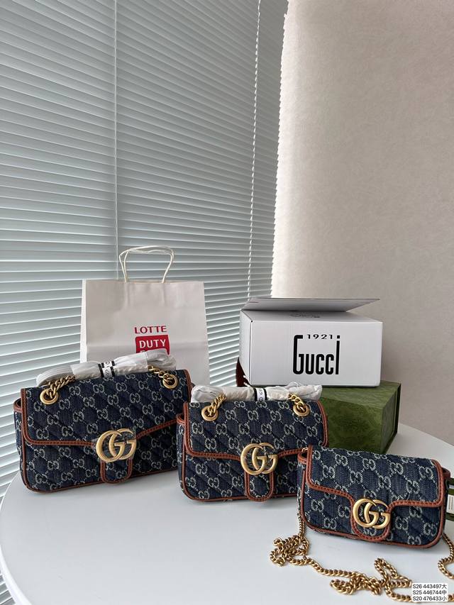 大号 中号 小号 酷奇gucci 牛仔马蒙包包 Gucci 经典 Marmont 再添新作 好特别的款式 大适合辣妹们了吧 尺寸 大号26 15 中号22 12