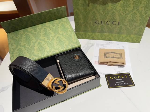 古奇gucci 短夹钱包牛皮双面腰带 超值礼盒 套盒 礼盒包装