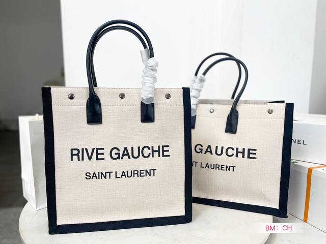 Ysl 圣罗兰 Rive Gauche 亚 麻皮革托特包手提包 帆布tote外型非常简洁不浮张 超级好搭配 轻便的帆布配皮质感真的非常实用 颜值与实用并存 容量