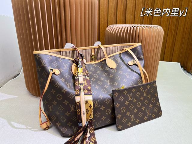 折叠礼盒飞机盒 Lv Neverfull 购物袋托特包 经典老花搭配牛皮 超大容量 一包多用 高品质 人手必备 配送原版丝巾 尺寸:34*30Cm