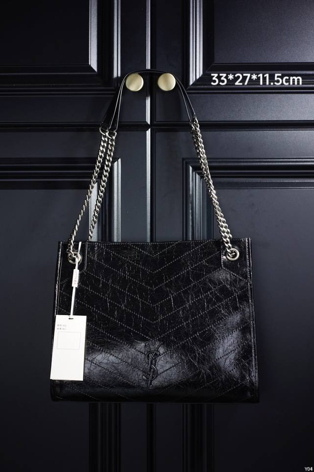 配专柜原版折叠盒 Ysl 圣罗兰 Saint Laurent Niki Shopping 复古皮革手袋 扬树林 Shopping Bag 尺寸 33*27*1