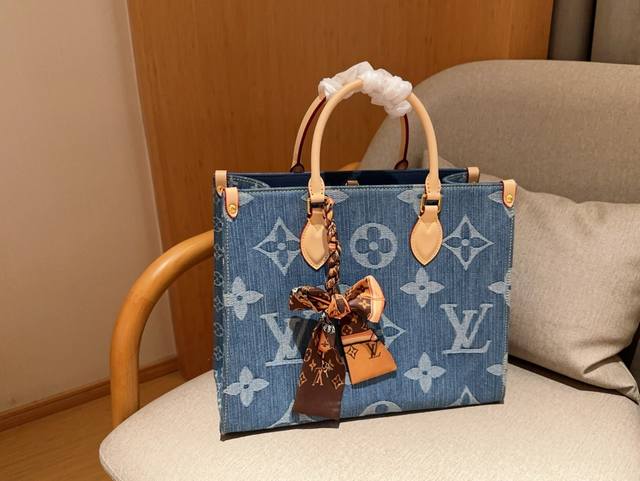 配送丝巾 Lv 路易威登 丹宁牛仔布 Onthego Lv Tote 丛林包 尺寸35 28 14 礼盒包装