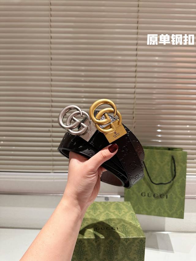 钢扣 高版本 腰带古奇 牛皮皮带 热门款 男女通用皮带里面最火的版本啦 质量很好 全套包装 五金绝对不褪色 皮带头和专柜一样的哦 配礼盒手提袋发票