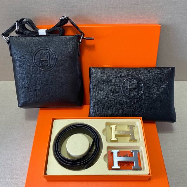 爱马仕hermès 头层皮质组合礼盒包装腰带俩款包包超级组合 公文包包是很实用的选择。手提包日常是非常适合的。 双扣皮带：头层皮质带身搭