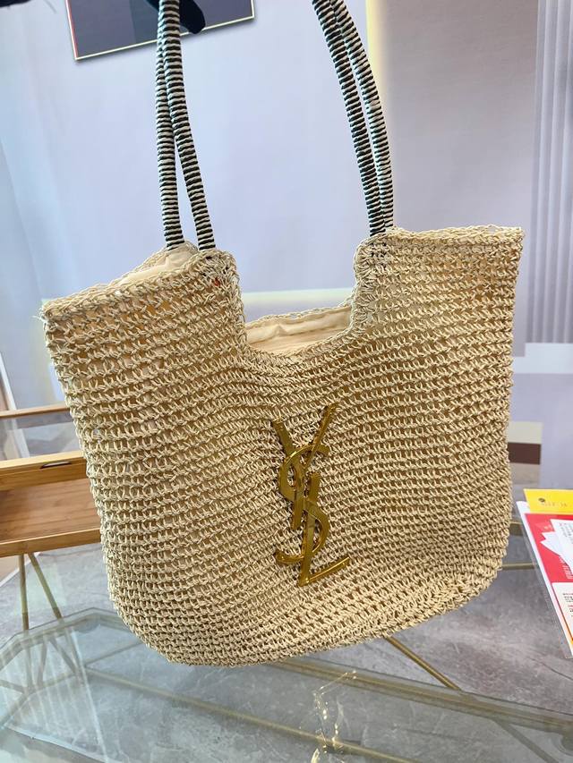 圣罗兰ysl 度假风拉菲草托特包tote 草编购物袋 尺寸42×36 Ms