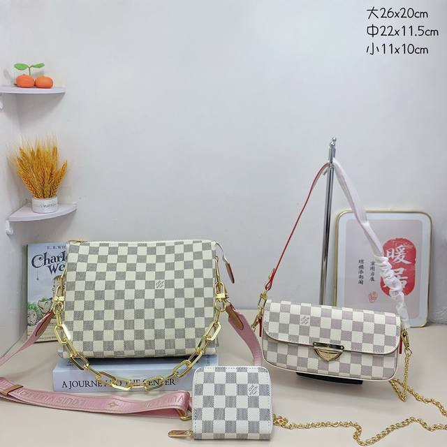 三件套 Lv 手提包+斜挎包+钱包3件套组合 尺寸：大26X20Cm，中22X11.5Cm，小11X10Cm. - 点击图像关闭