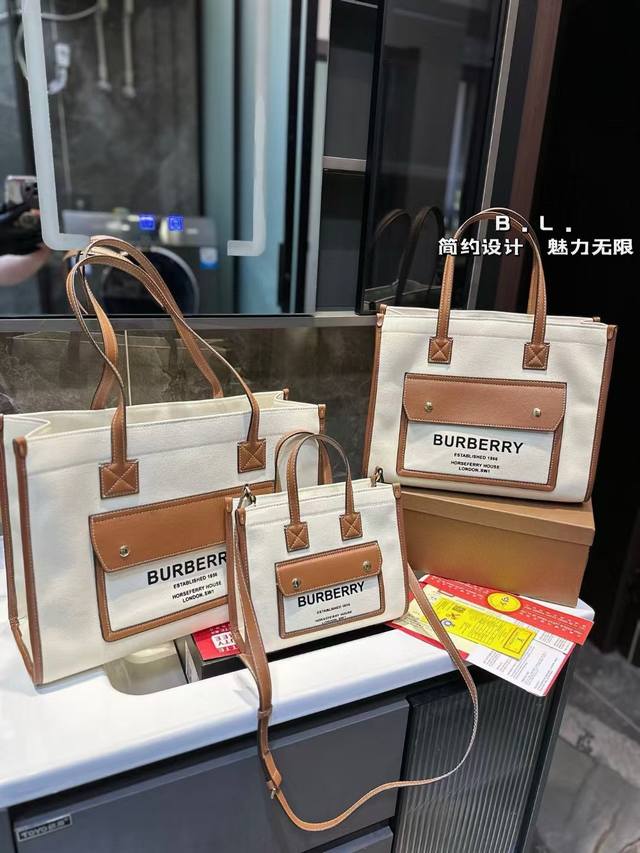 Burberry 新款freya系列帆布托特包上架 。Burberry 帆布系列自推出后便大受好评， 兼具高级质感与实用性，打造了一波英伦复古的风潮。 C，近期